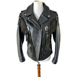 Wilson Leather Black Biker Fringe Beaded Jacket
